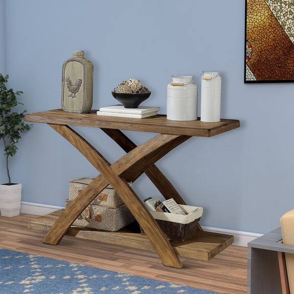 Wooden Sofa Table with Open Bottom Shelf and X-Shaped Base, Antique Light Oak Brown