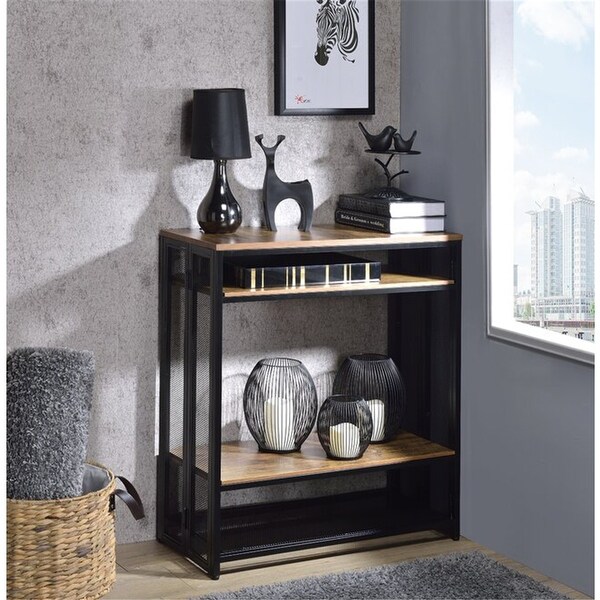 Side Table Foldable Sofa Table W/ Wood Top, Console Table, Antique Oak