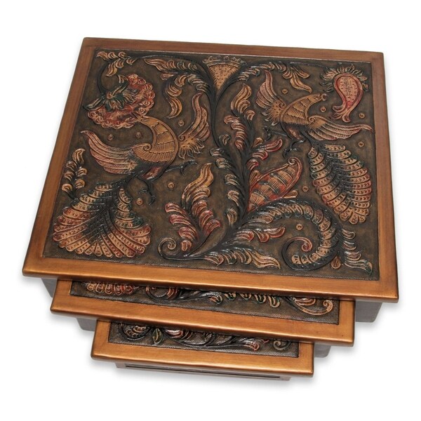 Handmade Tooled Leather Wood Side Tables, Set of 3 (Peru)