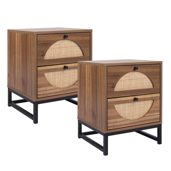 Rattan Nightstand Set of 2, Walnut End Table with 2 Natural Rattan Drawer and Metal Legs