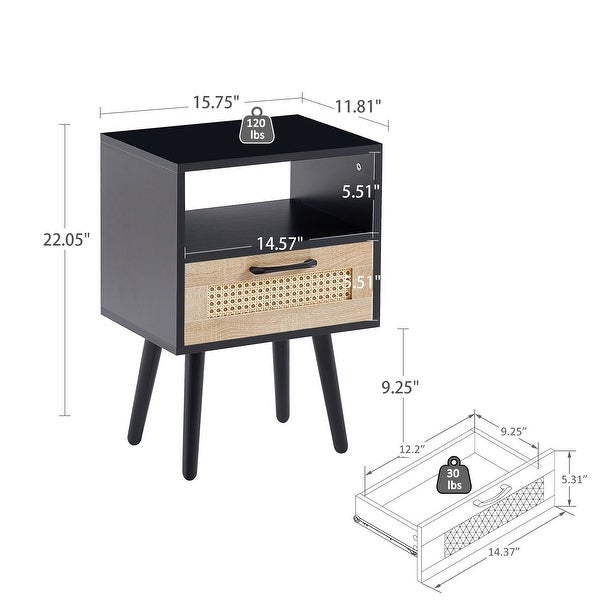 Modern Rattan Side table/Nightstand with 1 Shelf,1 drawer and 4 Solid Wood Legs