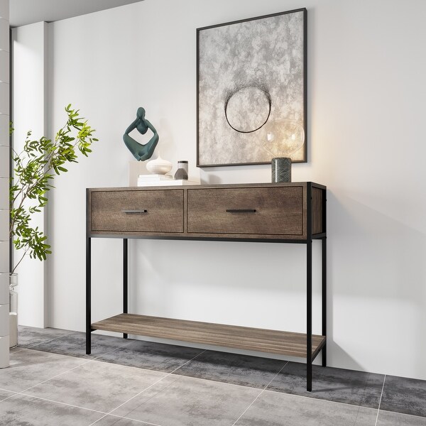 Classic Console Table with Two Top Drawers and Open Shelf, Vintage Storage with Sturdy Metal Frame.