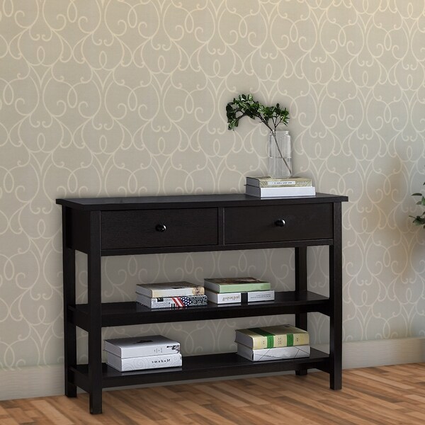 Two Drawer Console Table with Two Open Shelves and Block Legs, Dark Brown