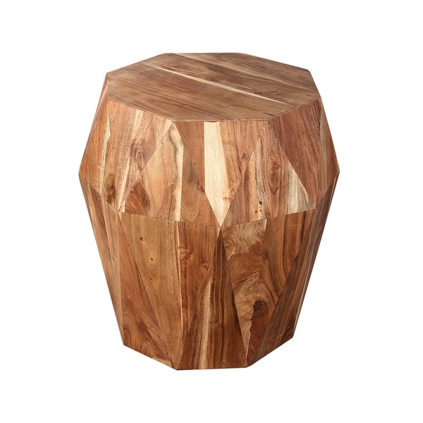 Bon 22 Inch Artisanal End Side Table, Multifaceted Solid Acacia Wood, Octagon Top, Natural Brown