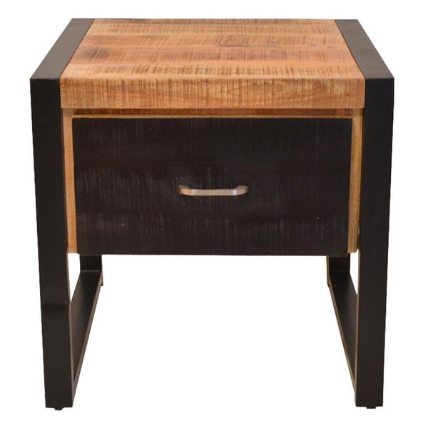 24 Inch Single Drawer Wooden Side Table with Metal Frame, Brown and Black - 24 L X 24 W X 24 H Inches