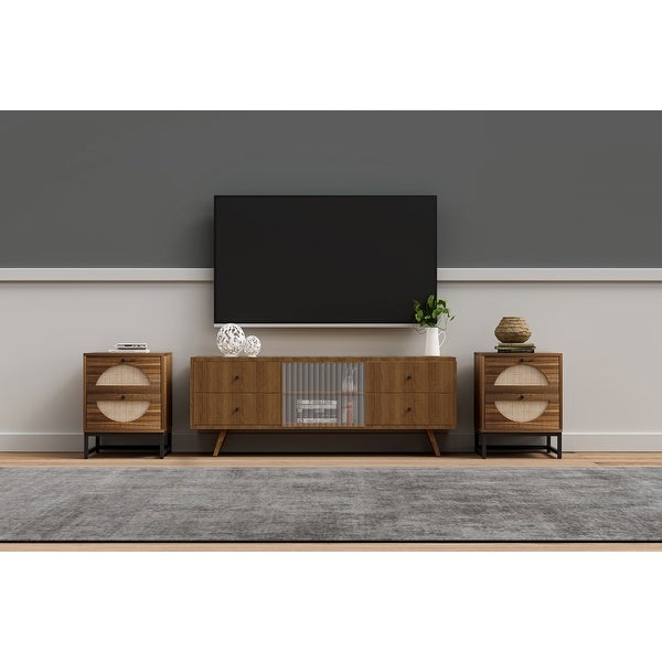 Rattan Nightstand Set of 2, Walnut End Table with 2 Natural Rattan Drawer and Metal Legs