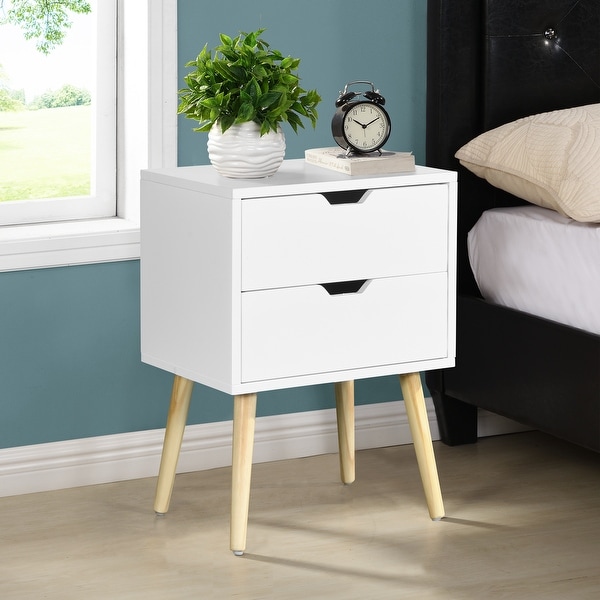Side Table with 2 Drawer and Rubber Wood Legs, Mid-Century Modern Storage Cabinet for Bedroom Living Room