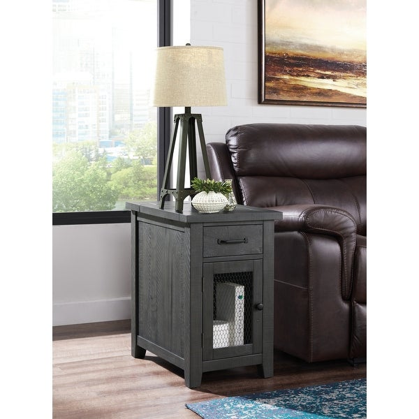 Rustic Chairside Table with hidden Charging Station, Solid Wood