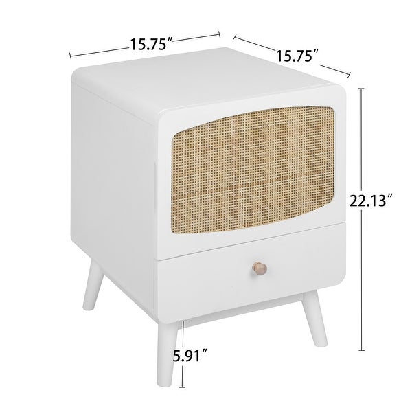 White Nightstand, Bedside Table with Storage Drawe Rattan Door