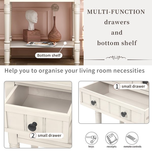 Narrow Console Table with 3 Storage Drawers and Black Round Deco Knobs, Slim Sofa Table with Bottom Shelf, Ivory