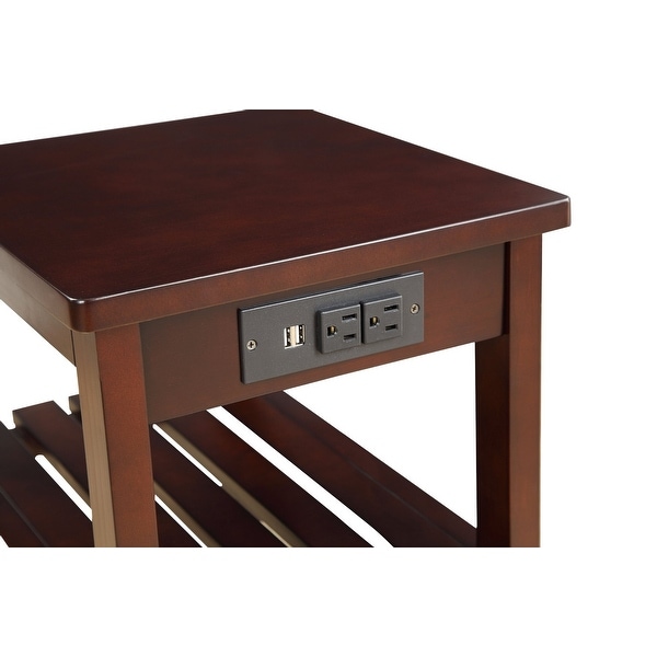 Modern Side Table (USB), Rectangular Leg Table w/2 Shelves, Espresso