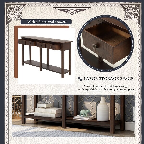 Rustic Brushed Texture Console Table with 4 Drawers and a Open Bottom Shelf, Classic Wood Entryway Table for Living Room, Entryway