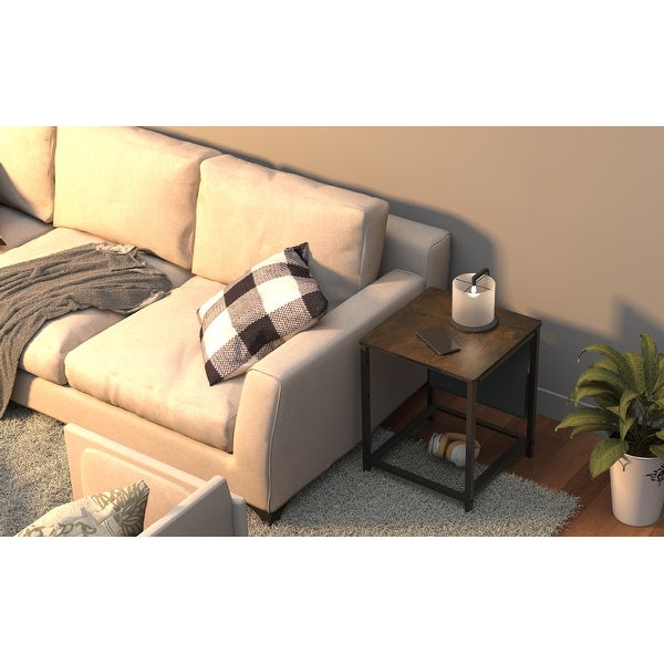 Side Table with Storage Bag Square End Table with Grid Storage Rack, Sofa Table for Living Room Bedroom Small Spaces