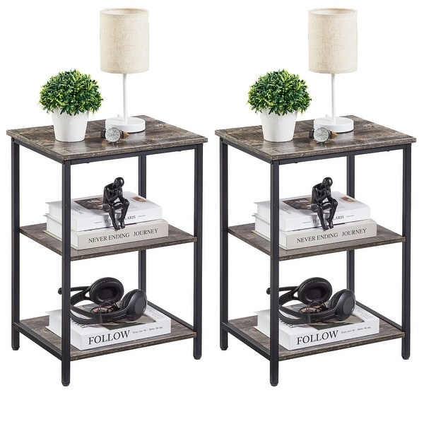 Set of 2 End Table With Wood Storage Shelf, 3-Tier Bedside Sofa Side End Table Storage Display Shelf