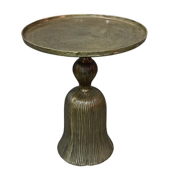 23 Inch Classic Vintage Accent Side Table, Round Tray Top, Aluminum, Pedestal Base, Ridges, Antique Brass