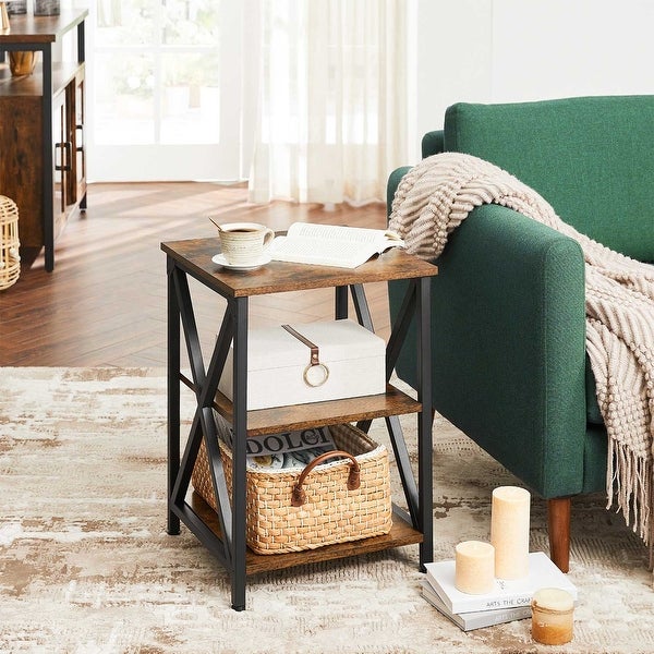 Nightstand, 3-Tier Side Table with Storage Shelf, End Table Steel Frame, for Bedroom, Living Room, Rustic Brown and Black