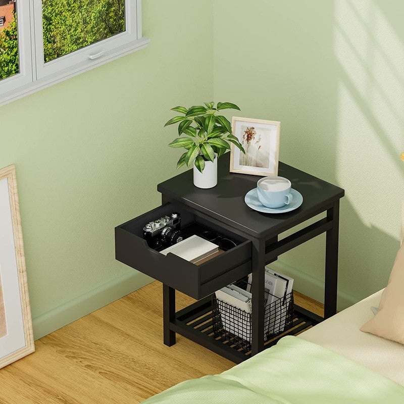 Modern Square End Table with Drawer and Open Shelf, Black
