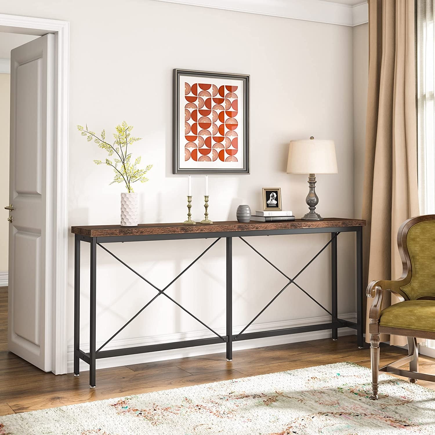 70.9'' Sofa Console Table Industrial Narrow Long Behind Couch Table for Living Room Hallway Entryway, Black Brown