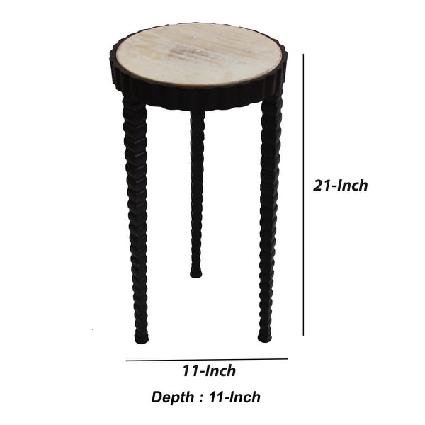 22 Inch Round Wooden Side Table with Tapered Tripod Base, Brown and Black