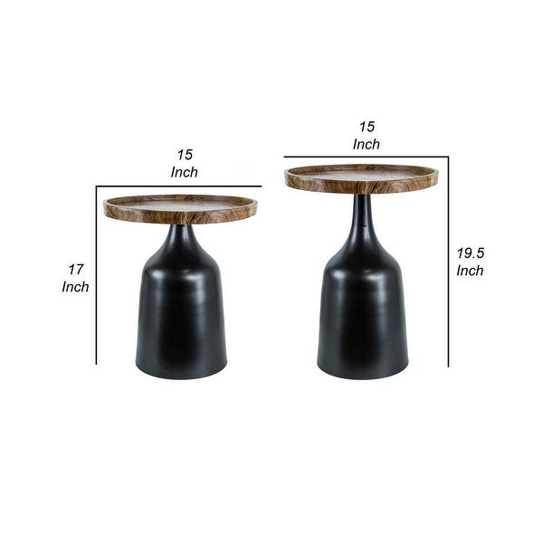 20, 17 Inch Side Table, Acacia Wood, Flared Pedestal Base, Aluminum, Black - 36.5 H x 30 W x 21 L