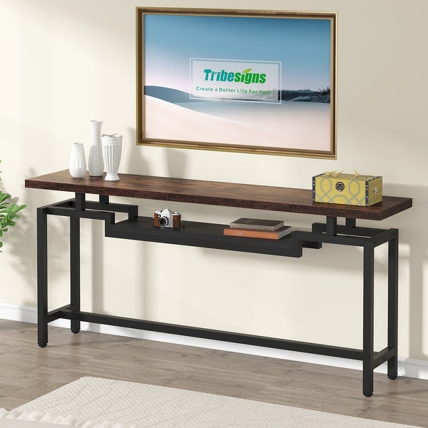Brown/ Black 70.86 Inches Industrial Extra Long Console Entryway Table, White/ Gold Modern 2-Tier TV Stand