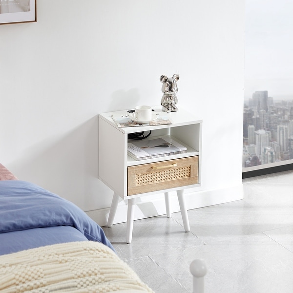 Modern Side table with Drawer and Solid Wood Legs,Rattan Nightstand with Power Outlet and USB Ports