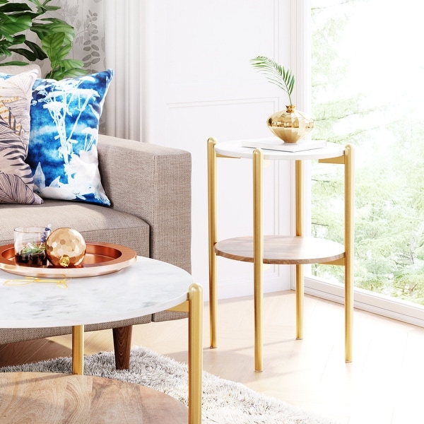 Mina Marble Side Table White and Gold - White, Brown, Gold - 18