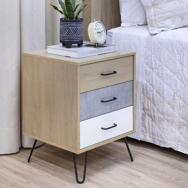 Harper 24 Inch Handcrafted Modern Tricolor Wood Nightstand, 3 Drawers, Metal Hairpin Legs, Oak, White, Gray