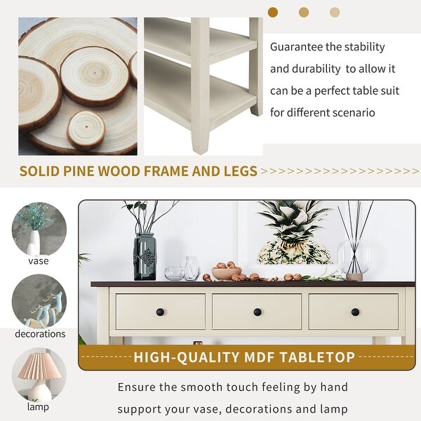 Retro Design Console Table with Two Open Shelves, Pine Solid Wood Frame and Legs