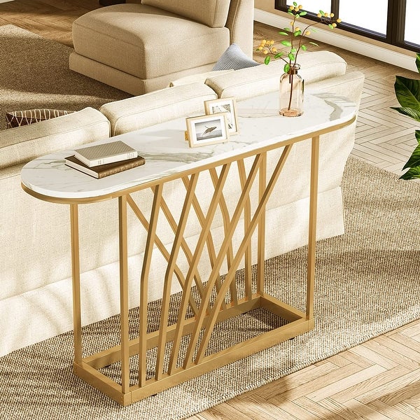 Luxurious Gold Console Table, Faux White Marble and Metal
