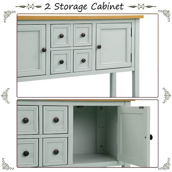 Wooden Console Table with 4 Storage Drawers and 2 Cabinets, Sofa Table with Bottom Shelf and Solid Wood Legs, Lime White