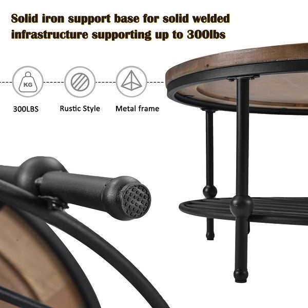 Round Console Table with a Storage Shelf and Solid Iron Support Base, Classic Rustic Coffee Table for Living Room, Easy Assembly