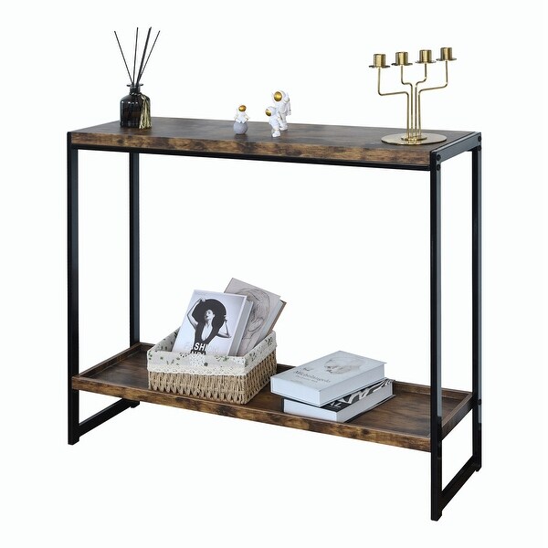 Rustic 2-tier Console Table Side Table with Metal Frame, Brown and Black