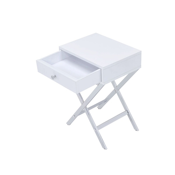Modern Coleen Side Table with 1 Drawer, White and Chrome