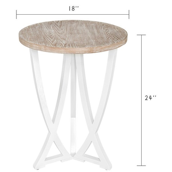 Farmhouse Round End Table, Rustic Wood Side Table for Living Room/Bedroom, White/Natural