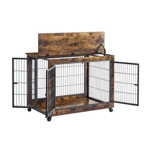 Industrial Wooden Iron Dog Crate, Dog Kennels with 3 Doors and Wheels, Pet Crate Side End Table for Medium and Small Dog