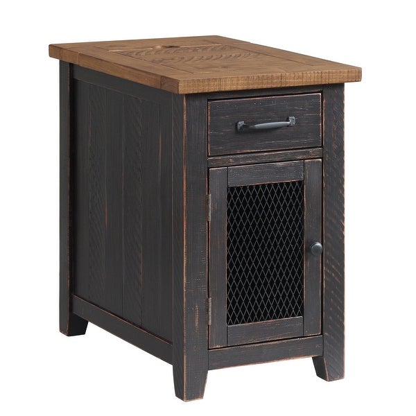Rustic Chairside Table with hidden Charging Station, Solid Wood