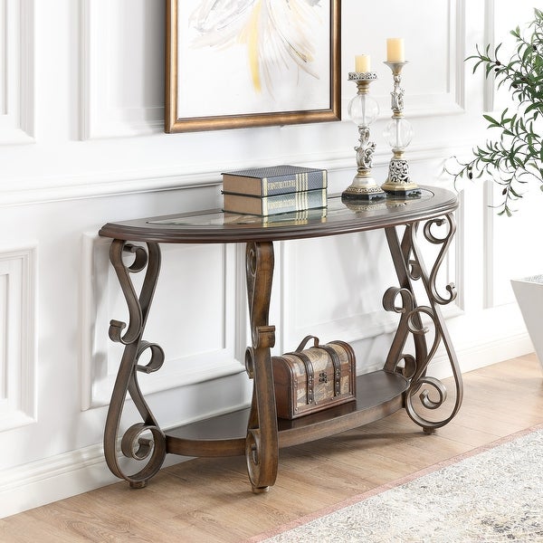 Console Table with Glass Table Top and Powder Coat Finish Metal Legs for Living Room Bedroom ,Dark Brown