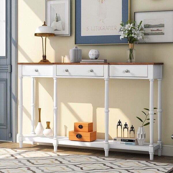 Solid Wood Console Table, Classic Entryway Table With Storage Shelf And Drawer For Home