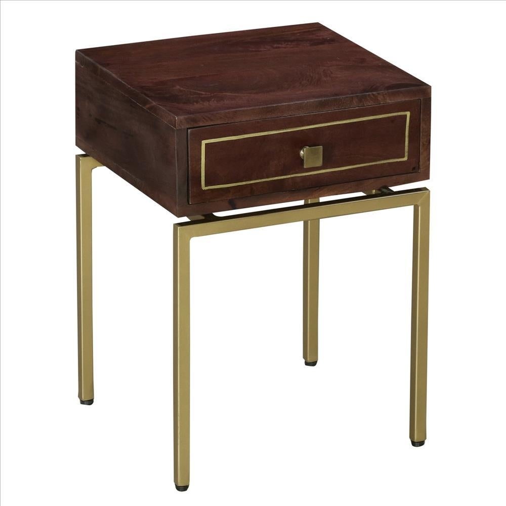 Bedside Table with 1 Drawer and Tubular Metal Legs, Brown and Brass - Brown and Brass - 22 H x 16 W x 15 L Inches