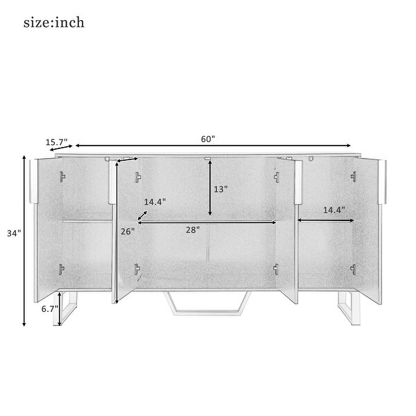 Modern sideboard with Four Doors, Metal handles and Legs and Adjustable Shelves Kitchen Cabinet
