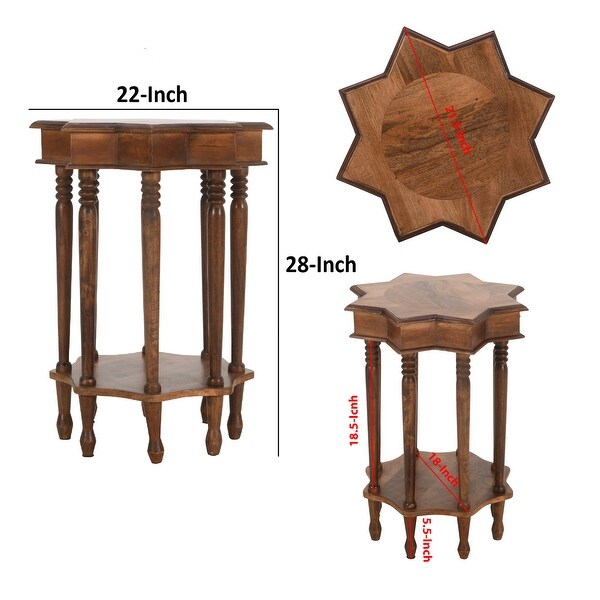 22 Inch French Design Handcrafted Mango Wood Side Table with Star Shape, Brown