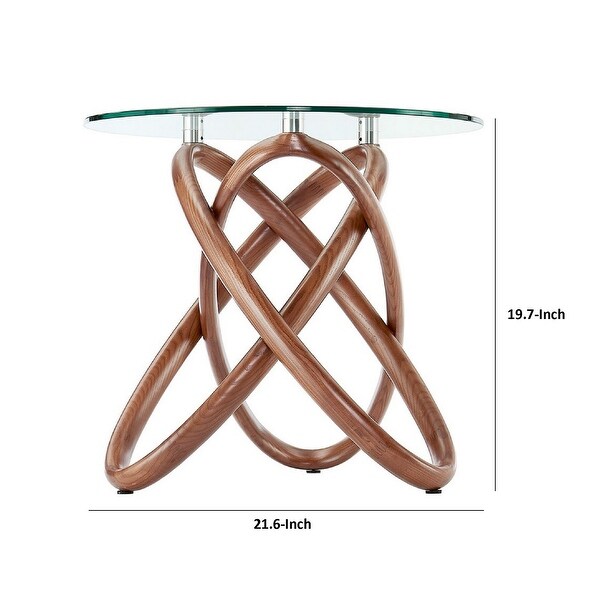 Cid 22 Inch Modern Side Table, Round Glass Top, Curved Wood Frame, Brown