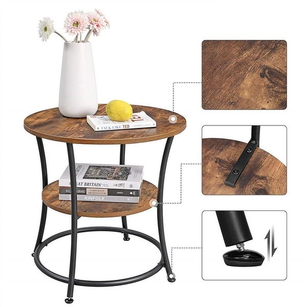 Side Table, Round End Table with 2 Shelves, Living Room, Bedroom, Easy Assembly, Metal, Industrial Design, Rustic Brown
