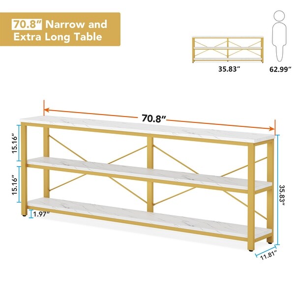 Brown Industrial Extra Long Console Sofa Table,White/ Gold 3 Tiers TV Stand