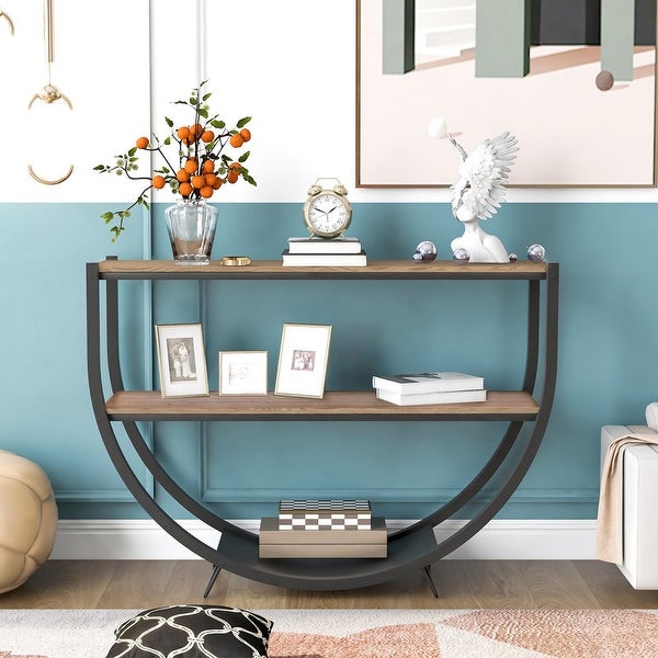 Industrial Sofa Console Table, Metal Demilune Shape Sofa Display Table with Three Shelves, Foyer Table for Hallway, Corridor