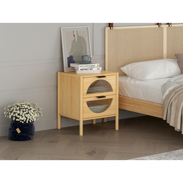 2 Drawer End Table,Bamboo Mid Century Modern Nightstand,Bedside Table Accent End Table Side Table for Living Room