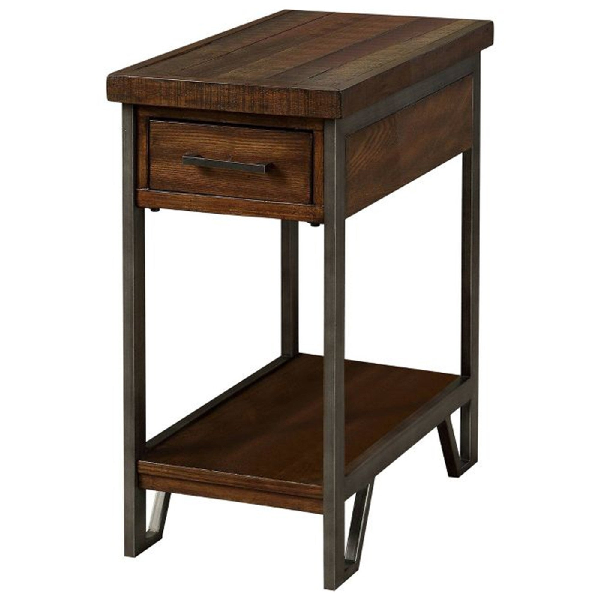 Rectangular Wood and Metal Side Table with USB Outlet, Brown and Gray