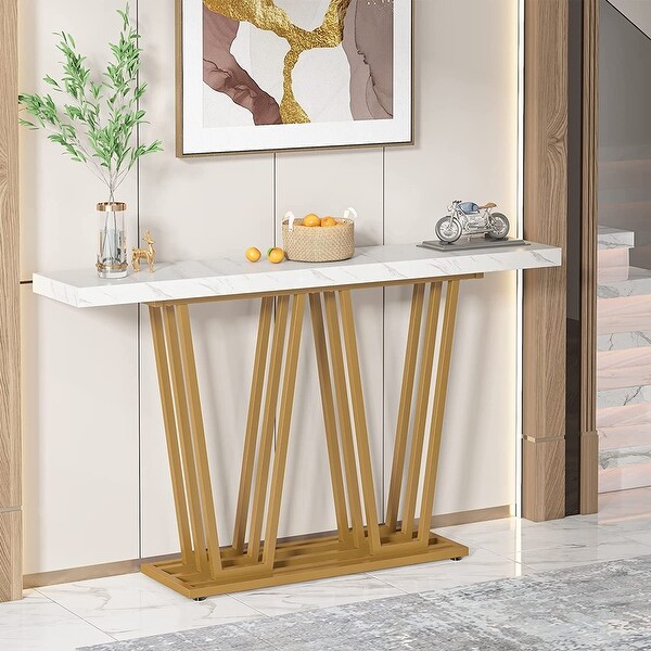 Faux Marble Wooden Console Table for Hallway, Entrance, White and Gold