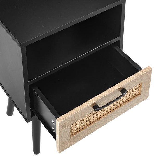 Modern Rattan Side table/Nightstand with 1 Shelf,1 drawer and 4 Solid Wood Legs